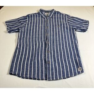Weatherproof Vintage Mens Large Blue Striped Washable Linen Cotton Shirt S/S